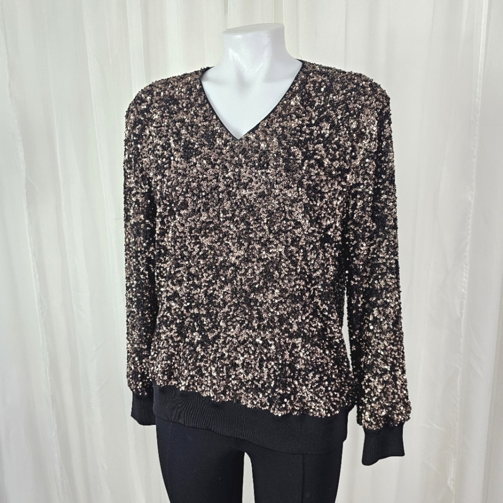 Lafayette 148 Bronze/Brown Black Sequin Long Sleeve V-Neck Top Size Medium